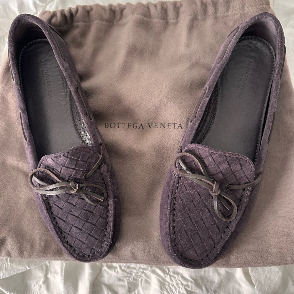 Bottega Veneta Purple Intrecciato Suede Driving Loafers
Size 37
